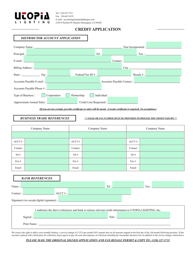 CREDIT APPLICATION DISTRIBUTOR ACCOUNT APPLICATION screenshot