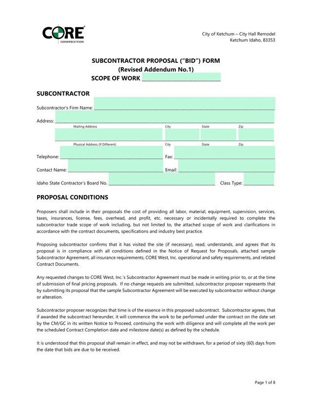 Subcontractor Proposal (Bid) Form screenshot