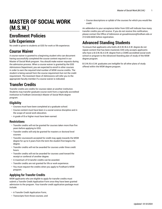 Master Of Social Work (M.S.W.) Enrollment Policies screenshot