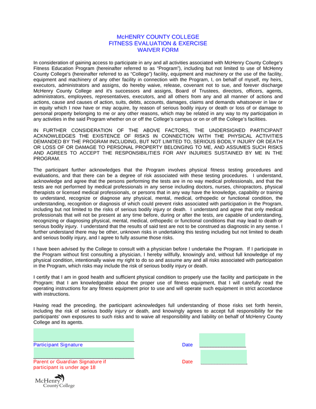 McHenry County College Fitness Evaluation  Exercise Waiver Form screenshot