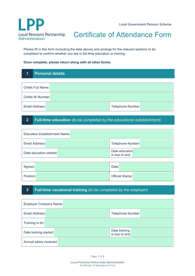 Certificate Of Attendance Form screenshot