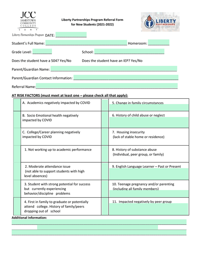 Liberty Partnerships Program Referral Form For New Students (2021 2022) screenshot
