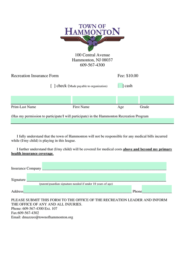Recreation Insurance Form screenshot
