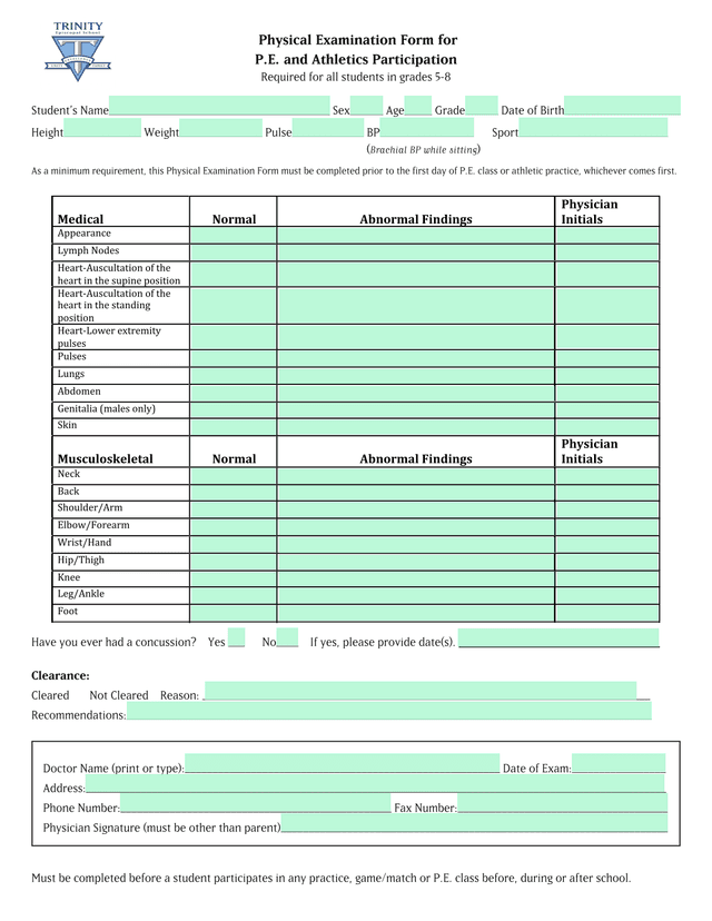 Physical Examination Form For P.E. And Athletics Participation screenshot