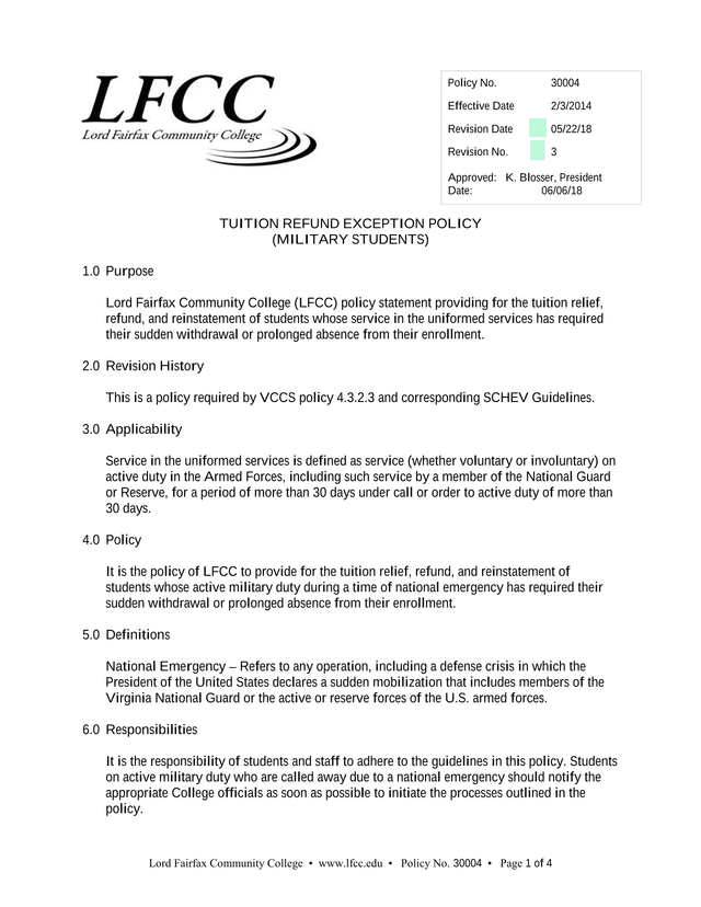 Tuition Refund Exception Policy (Military Students) screenshot