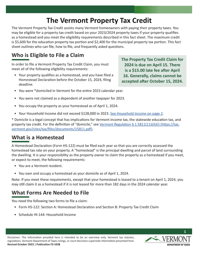 The Vermont Property Tax Credit screenshot