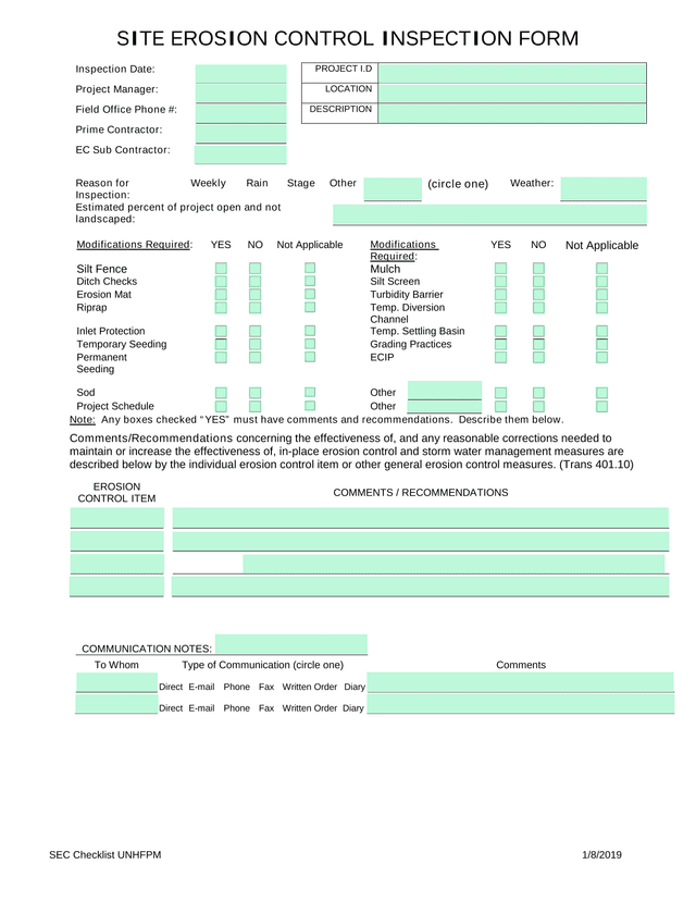 SEC Checklist UNHFPM Site Erosion Control Inspection Form screenshot