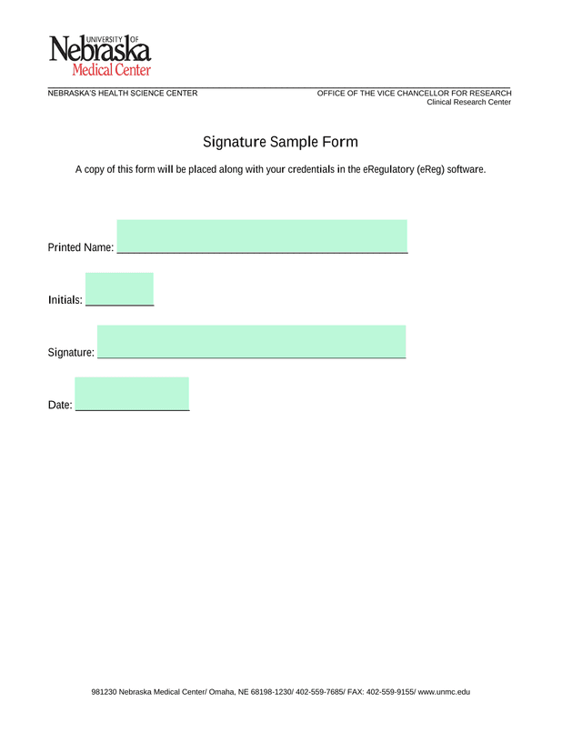 Signature Sample Form screenshot
