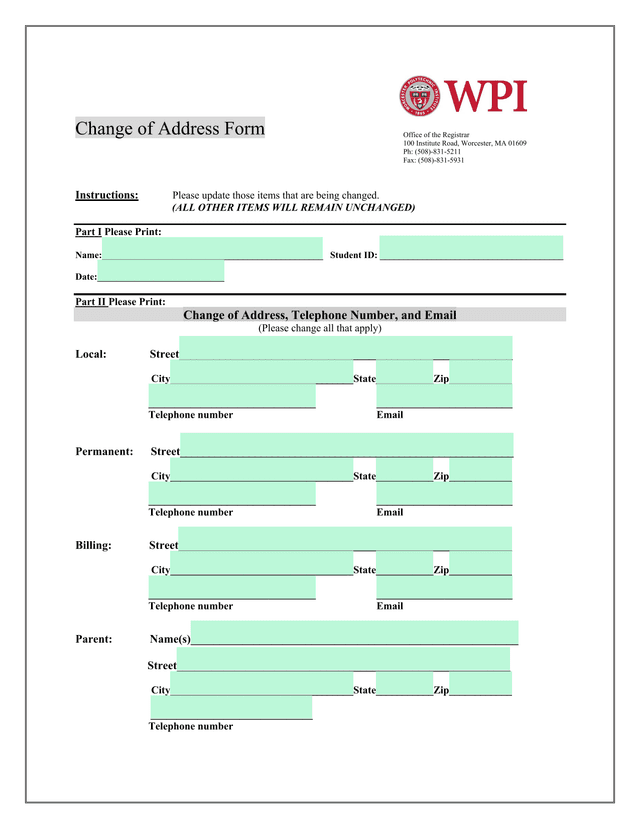 Change Of Address Form screenshot