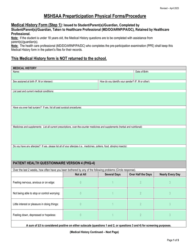 MSHSAA Preparticipation Physical FormsProcedure   Medical History Form screenshot