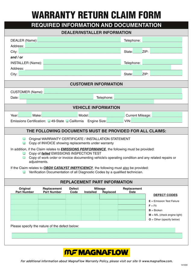 WARRANTY RETURN CLAIM FORM screenshot