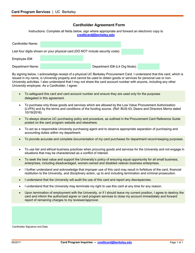 Cardholder Agreement Form screenshot
