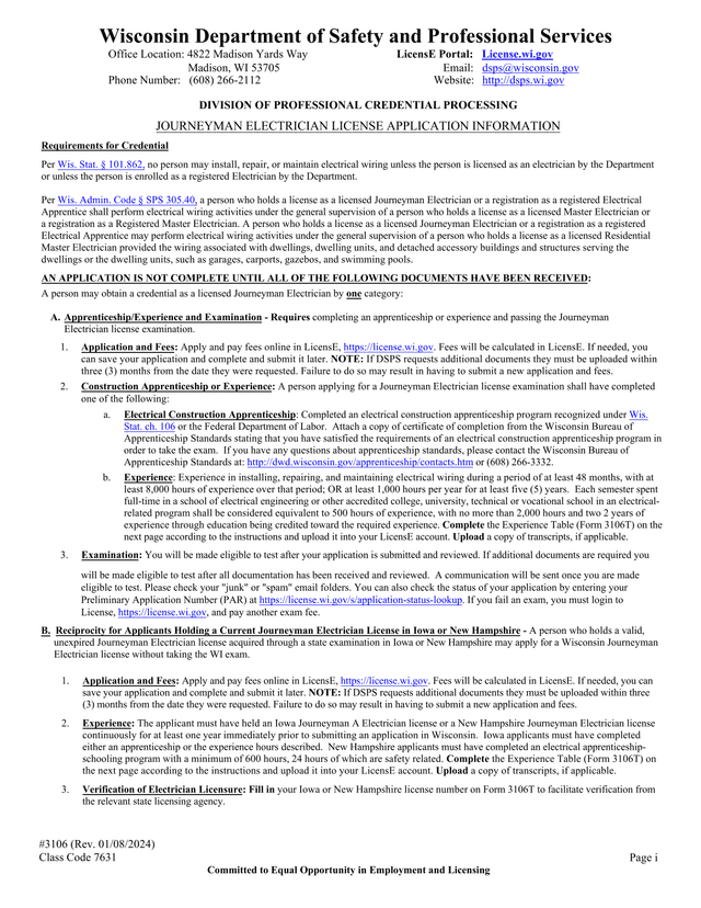 Journeyman Electrician License Application Information 3106 screenshot