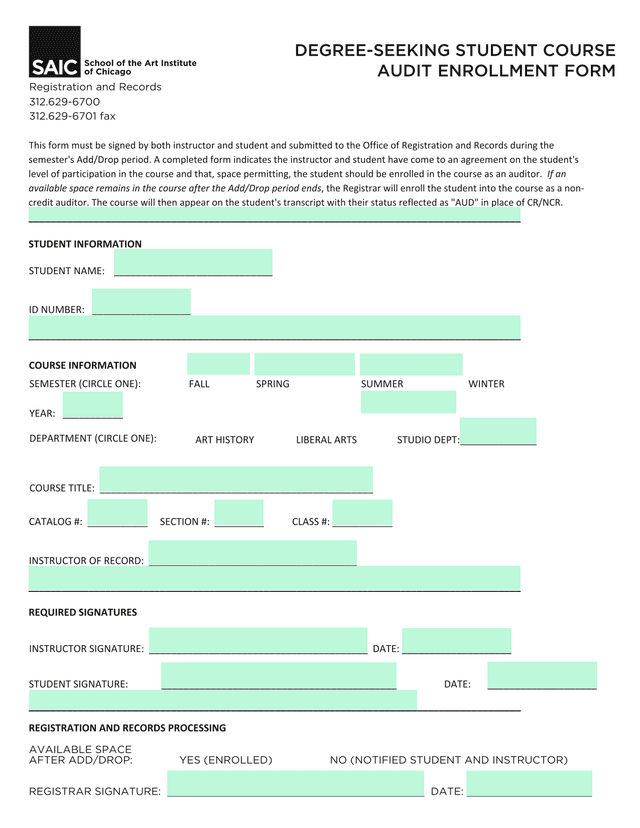 Degree Seeking Student Course Audit Enrollment Form screenshot