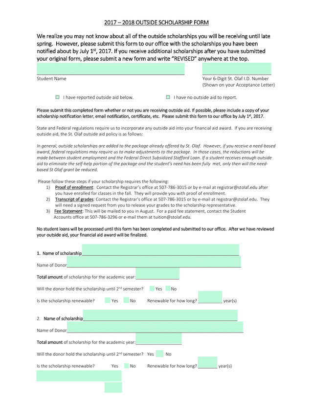 2017  2018 Outside Scholarship Form screenshot