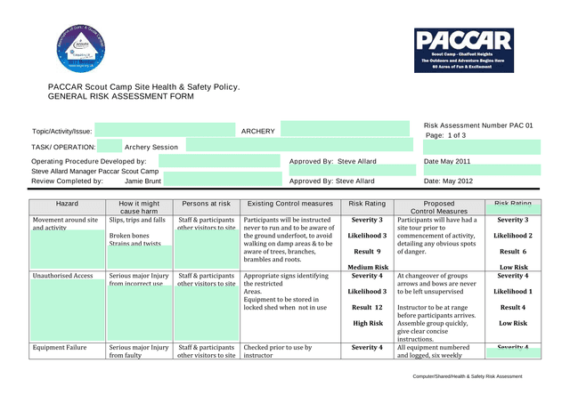 PACCAR Scout Camp Site Health  Safety Policy   General Risk Assessment Form screenshot
