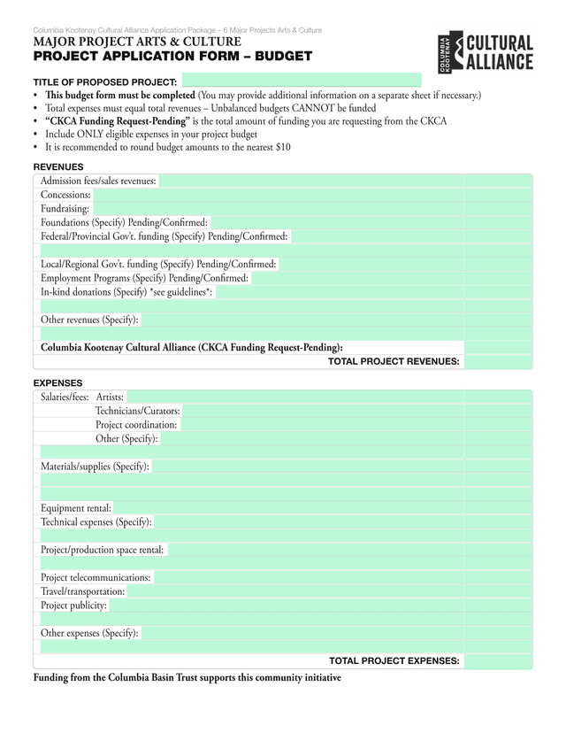 Columbia Kootenay Cultural Alliance Application Package  6 Major Projects Arts  Culture Project Appl screenshot