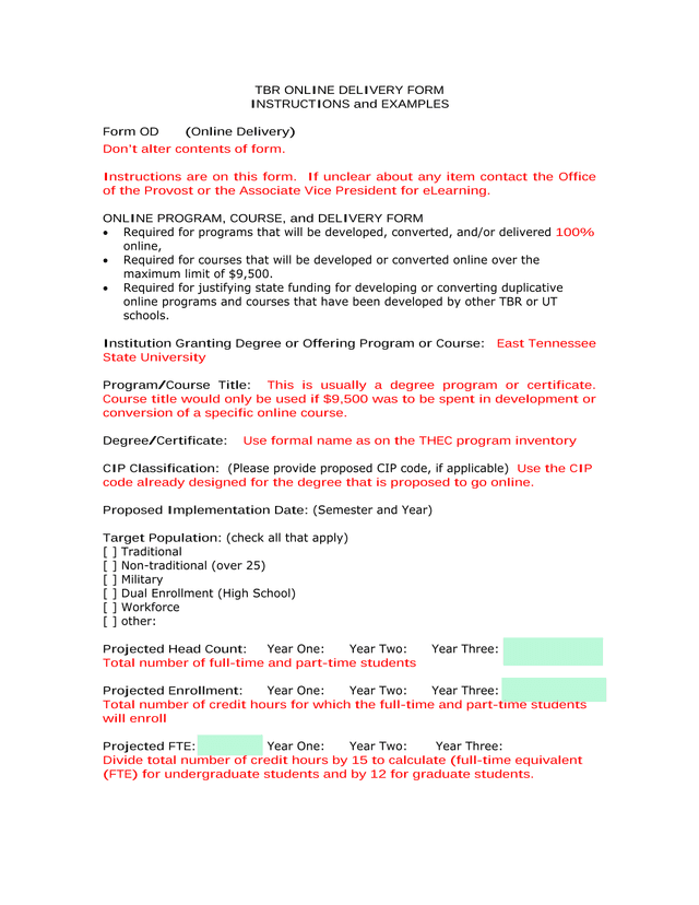 TBR Online Delivery Form screenshot