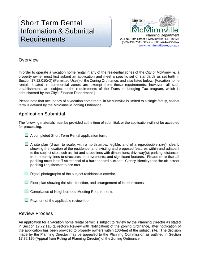 Vacation Home Rental Permit Application screenshot