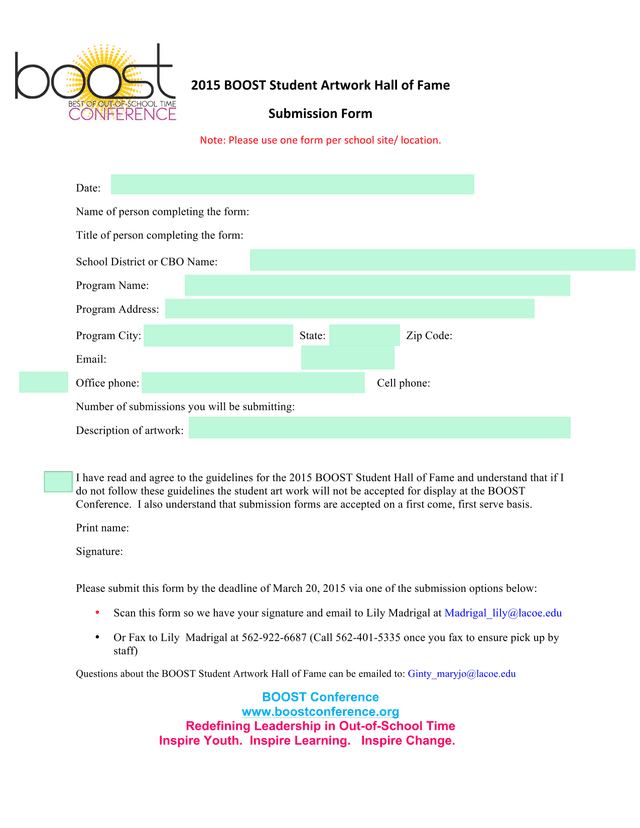 2015 BOOST Student Artwork Hall Of Fame Submission Form screenshot