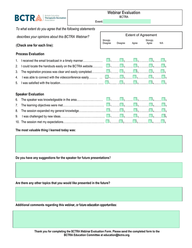 BCTRA Webinar Evaluation Form screenshot