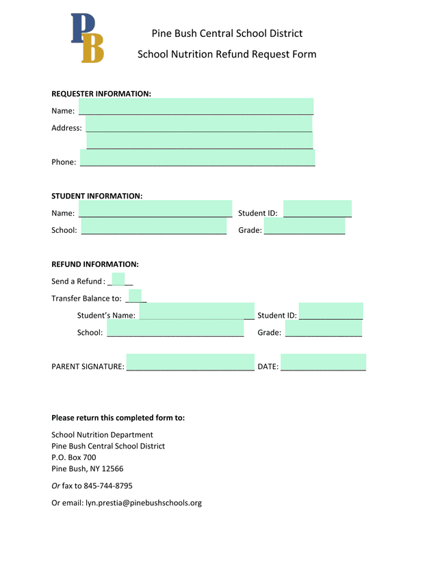 School Nutrition Refund Request Form screenshot