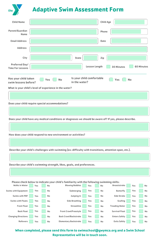 Adaptive Swim Assessment Form screenshot