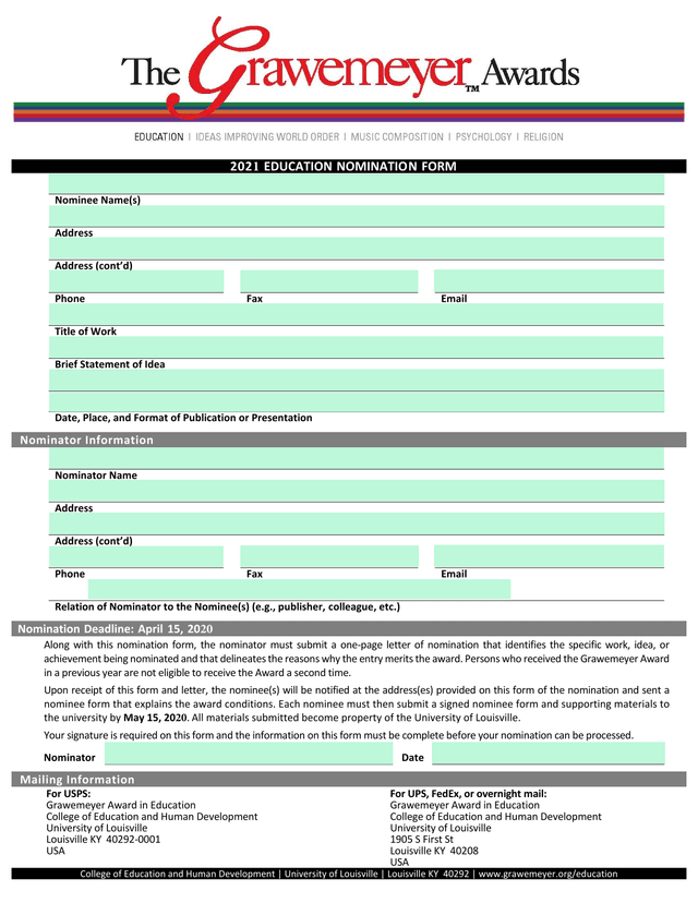 2021 Education Nomination Form screenshot