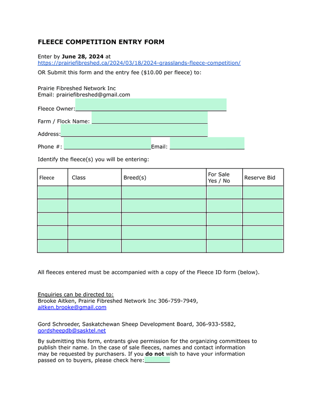 FLEECE COMPETITION ENTRY FORM screenshot