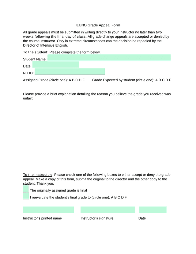 ILUNO Grade Appeal Form screenshot