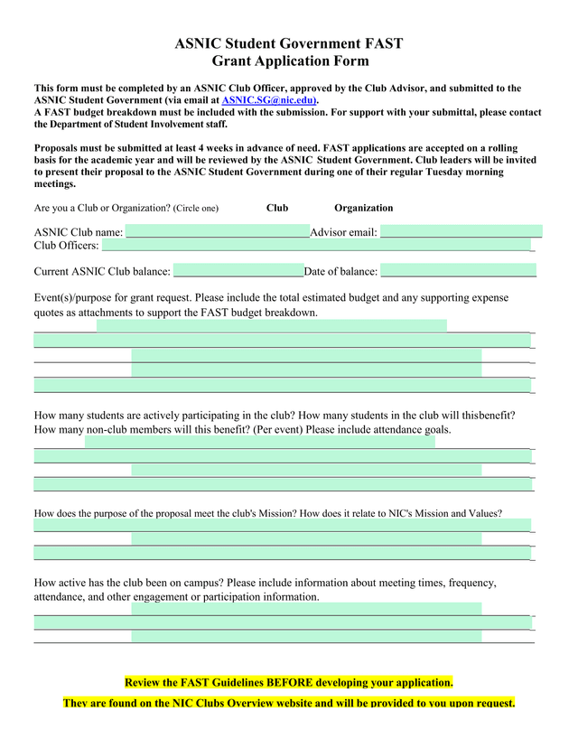 ASNIC Student Government FAST Grant Application Form screenshot