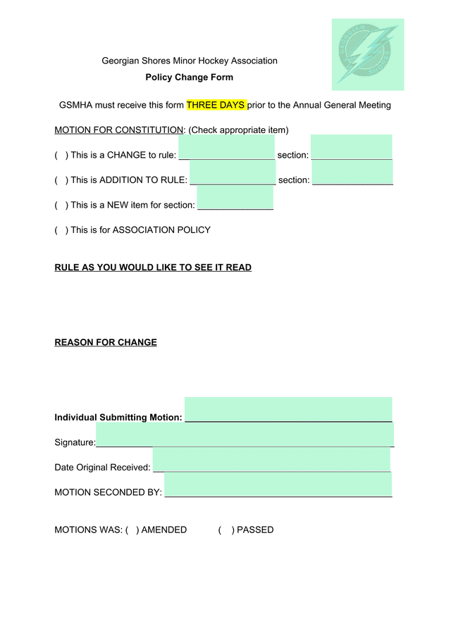 Georgian Shores Minor Hockey Association Policy Change Form screenshot