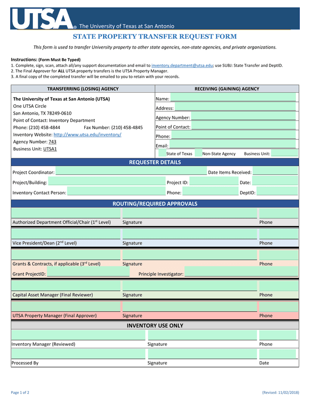 State Property Transfer Request Form screenshot