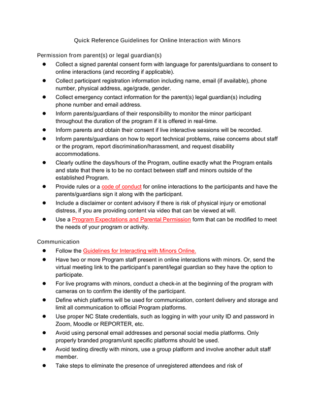 Quick Reference Guidelines For Online Interaction With Minors screenshot