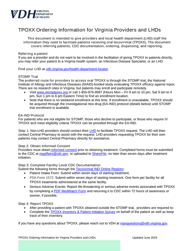 TPOXX Ordering Information For Virginia Providers And LHDs screenshot