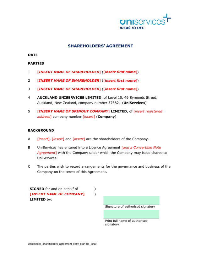 Uniservices Shareholders Agreement Easy Start Up 2019 screenshot