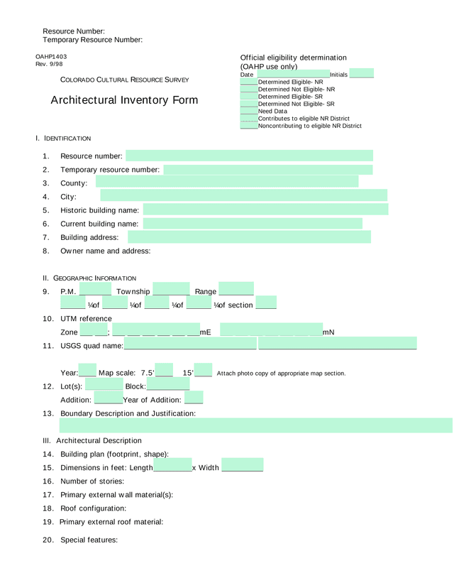 COLORADO CULTURAL RESOURCE SURVEY   Architectural Inventory Form screenshot