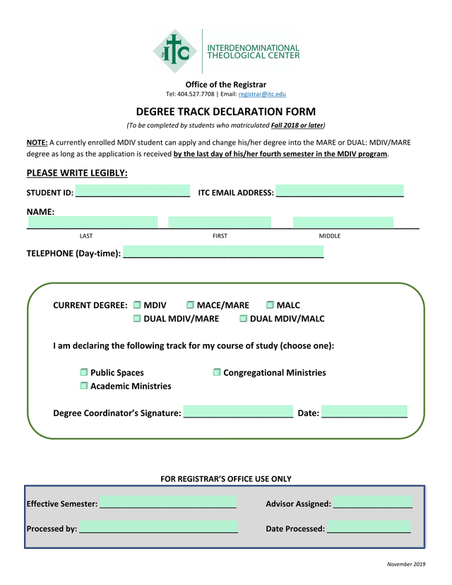 Degree Track Declaration Form screenshot