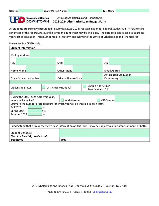 2023 2024 Alternative Loan Budget Form screenshot