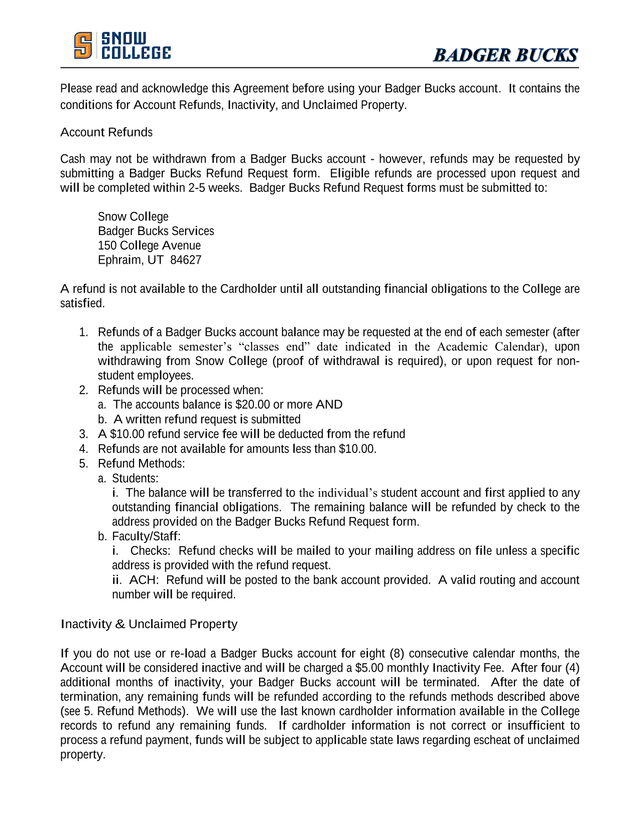 Badger Bucks Account Agreement screenshot
