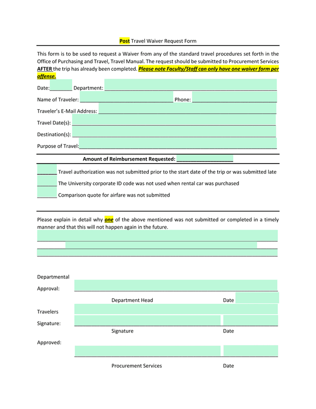 Post Travel Waiver Request Form screenshot