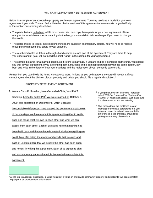 Sample Property Settlement Agreement screenshot