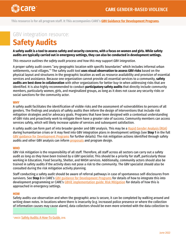 CARE Gender Based Violence (GBV) Safety Audits Resource screenshot