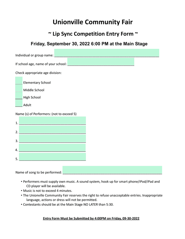 Lip Sync Competition Entry Form screenshot