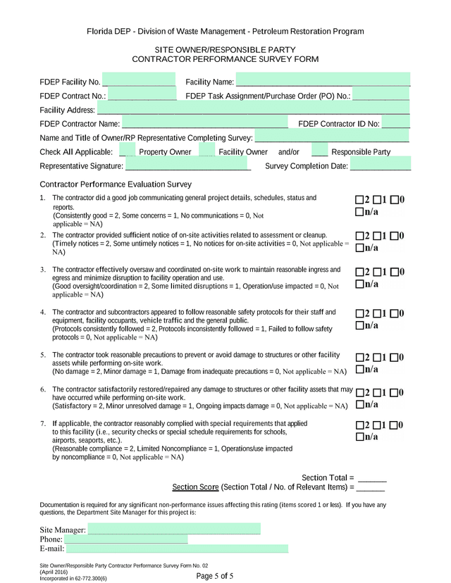 SITE OWNERRESPONSIBLE PARTY CONTRACTOR PERFORMANCE SURVEY FORM screenshot