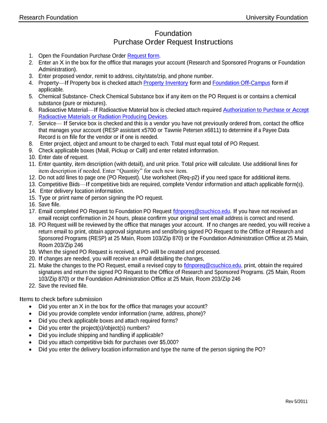 Foundation Purchase Order Request Instructions screenshot