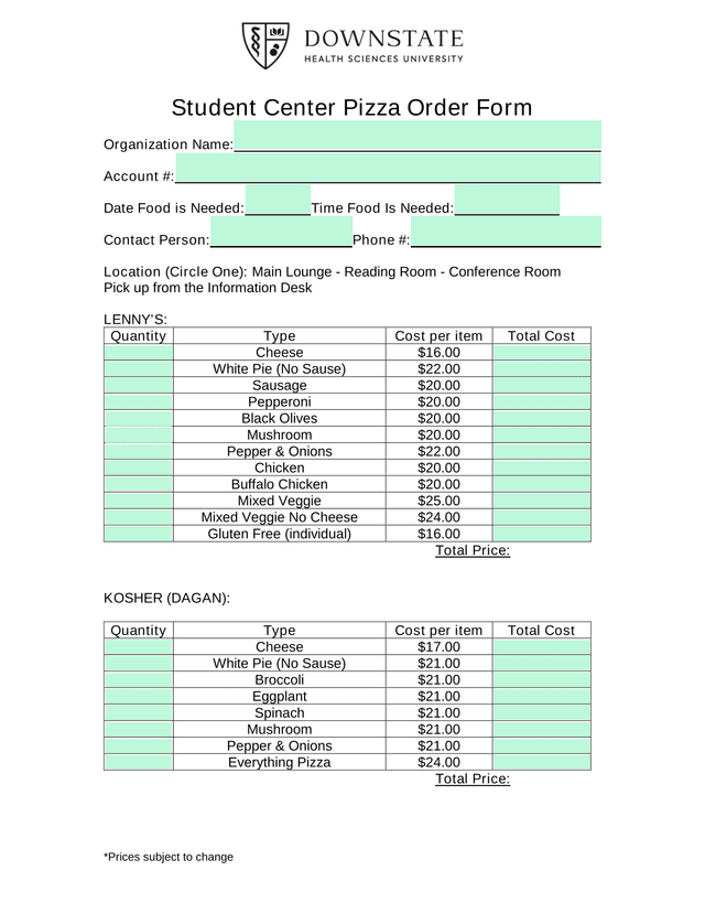 Student Center Pizza Order Form screenshot