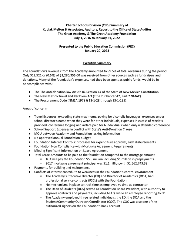 Charter Schools Division (CSD) Summary Of Kubiak Melton  Associates, Auditors, Report screenshot