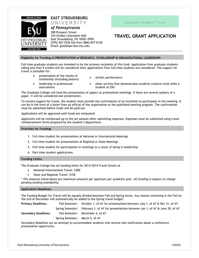 Graduate Student Travel Grant Application screenshot