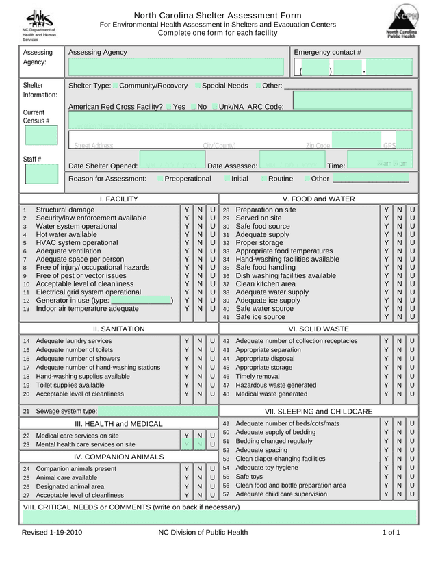 North Carolina Shelter Assessment Form screenshot
